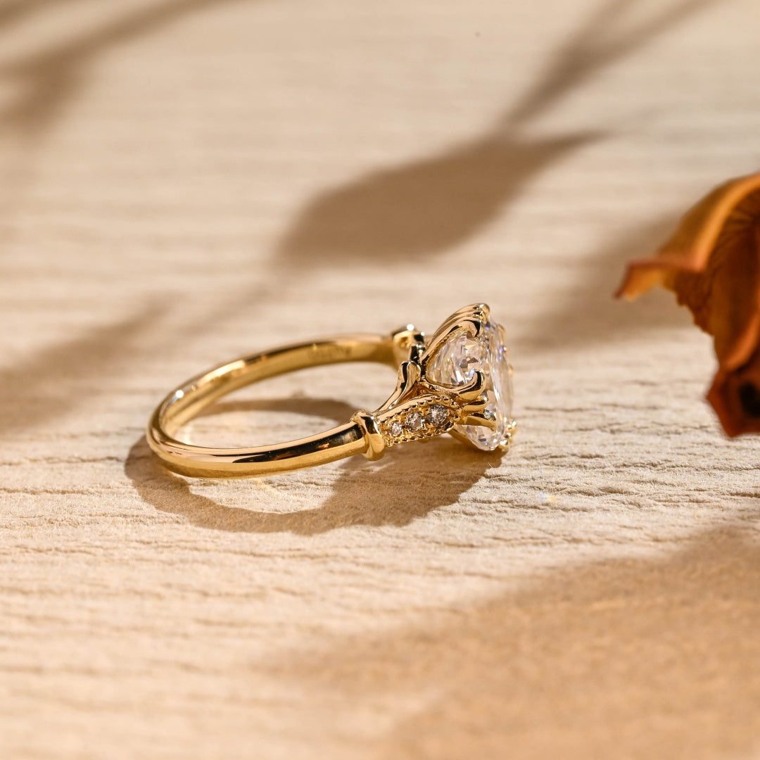 18k Gold Lab Grown Diamond CVD 2CT Cushion Filigree Milgrain Vintage Proposal Ring