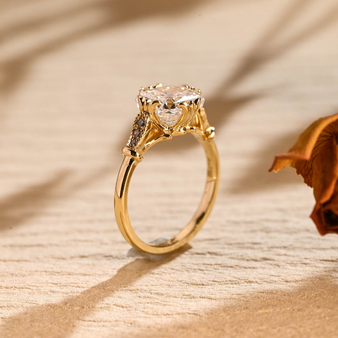 18k Gold Lab Grown Diamond CVD 2CT Cushion Filigree Milgrain Vintage Proposal Ring