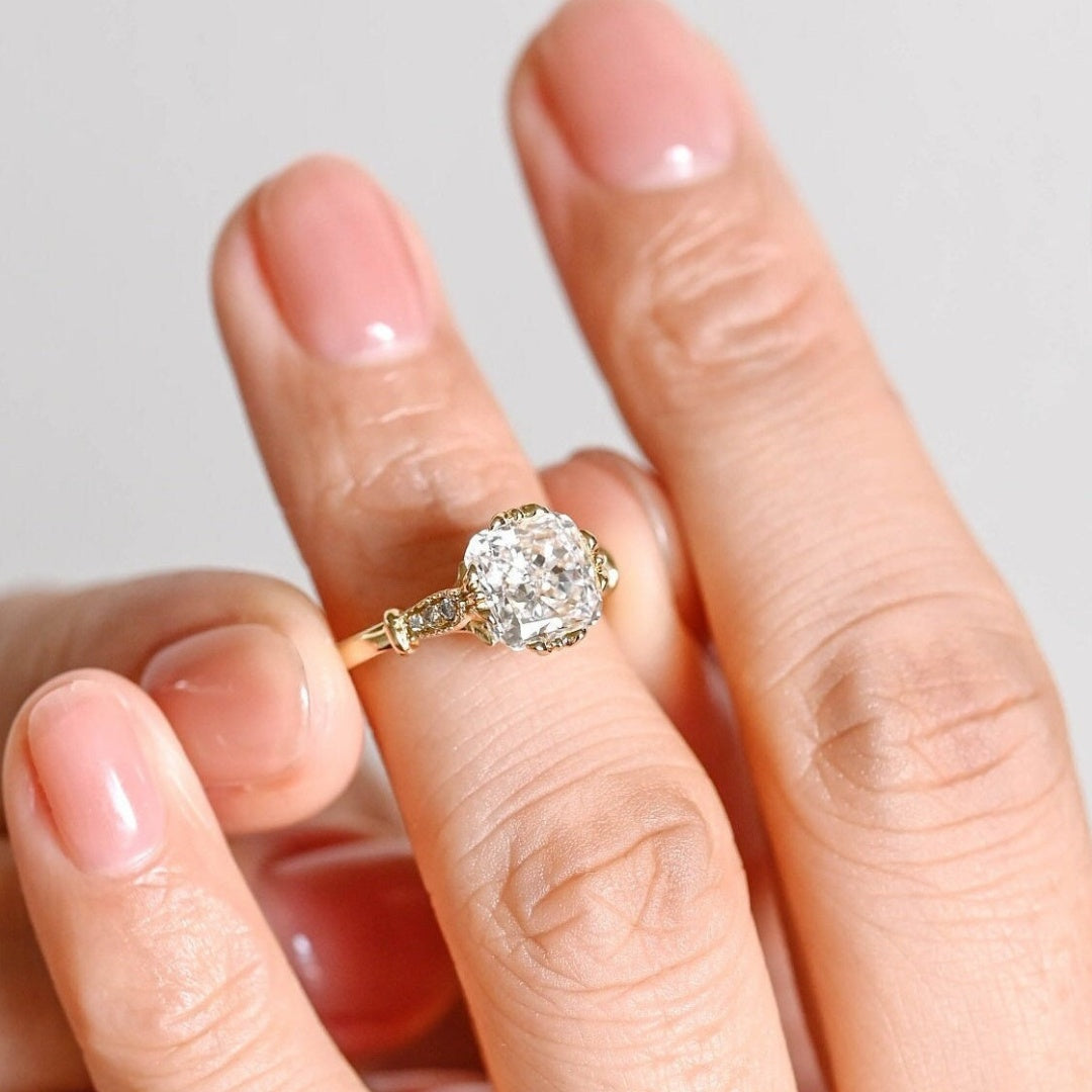 18k Gold Lab Grown Diamond CVD 2CT Cushion Filigree Milgrain Vintage Proposal Ring