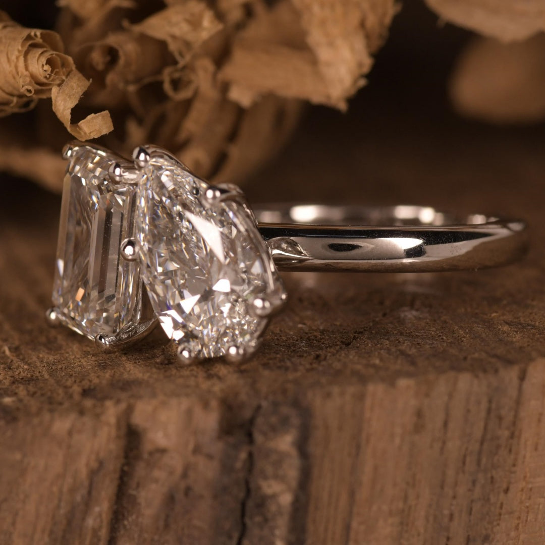 18K Gold Lab Grown Diamond CVD Emerald and Pear-Cut Two Stone Geometric Minimalist Ring