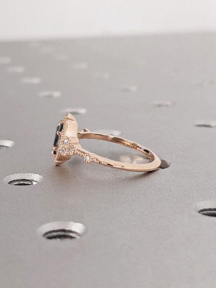 18k Gold Raw Salt and Pepper Diamond 1CT Oval-Cut Unique Women Promise Ring