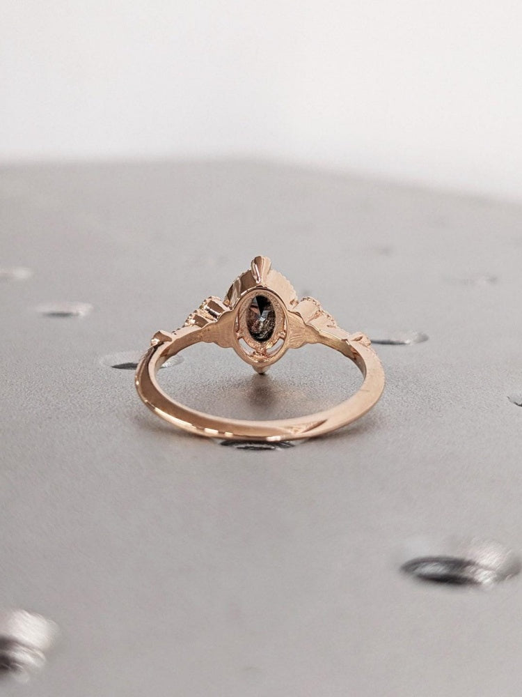 18k Gold Raw Salt and Pepper Diamond 1CT Oval-Cut Unique Women Promise Ring