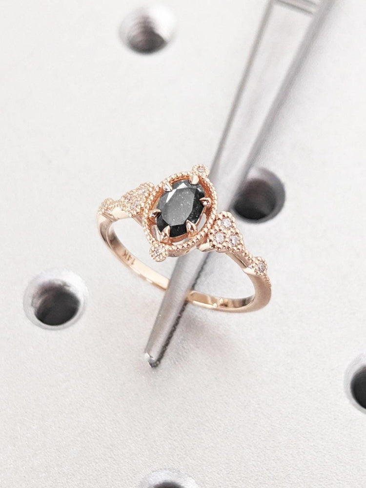 18k Gold Raw Salt and Pepper Diamond 1CT Oval-Cut Unique Women Promise Ring