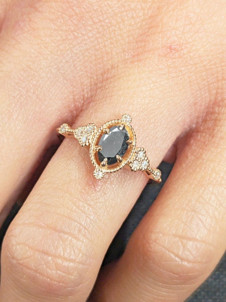 18k Gold Raw Salt and Pepper Diamond 1CT Oval-Cut Unique Women Promise Ring