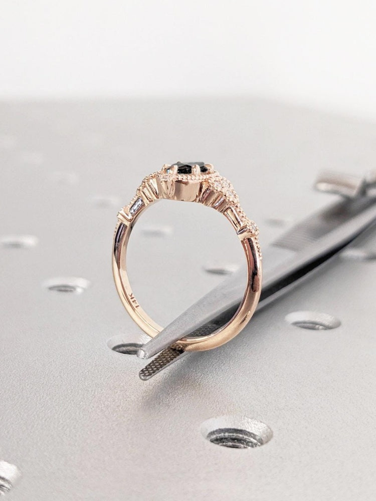 18k Gold Raw Salt and Pepper Diamond 1CT Oval-Cut Unique Women Promise Ring
