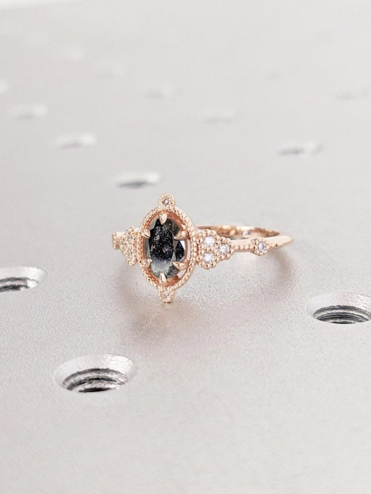 18k Gold Raw Salt and Pepper Diamond 1CT Oval-Cut Unique Women Promise Ring