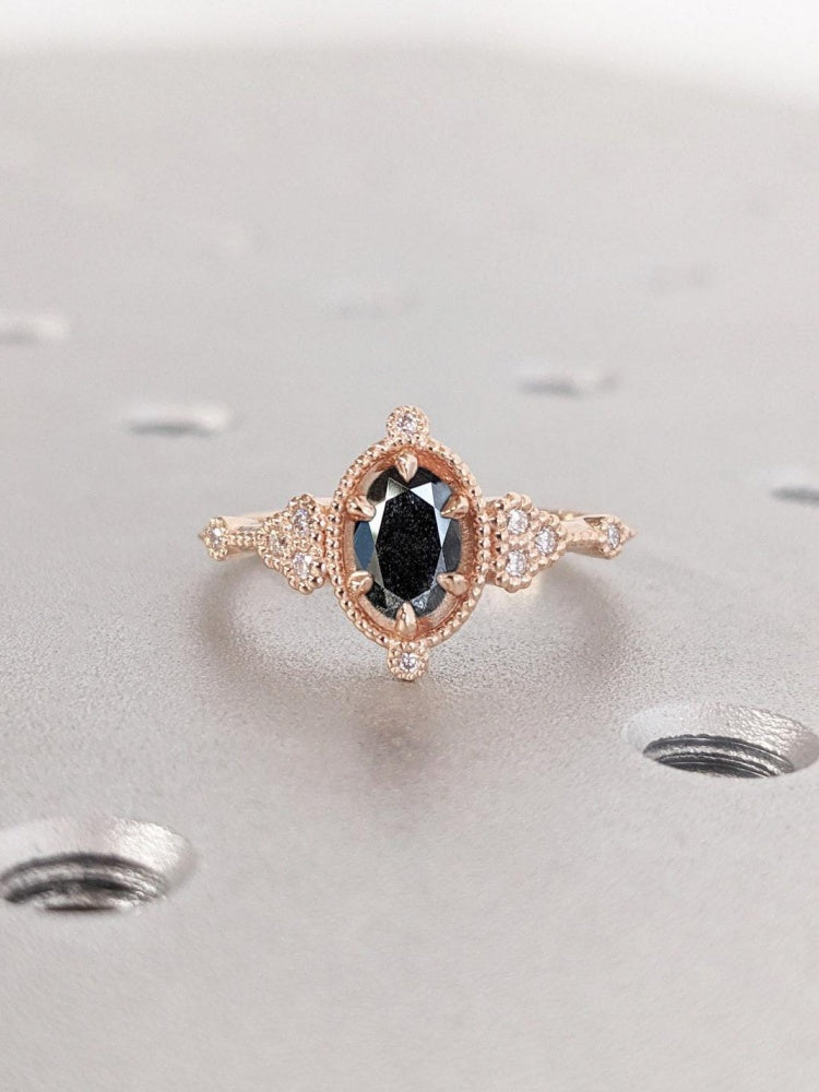 18k Gold Raw Salt and Pepper Diamond 1CT Oval-Cut Unique Women Promise Ring