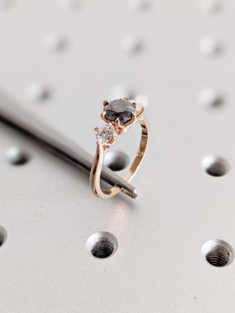 18k Gold Raw Salt and Pepper Diamond 1CT Round-Cut Rose Gold Polished Finished Three Stone Diamond Ring