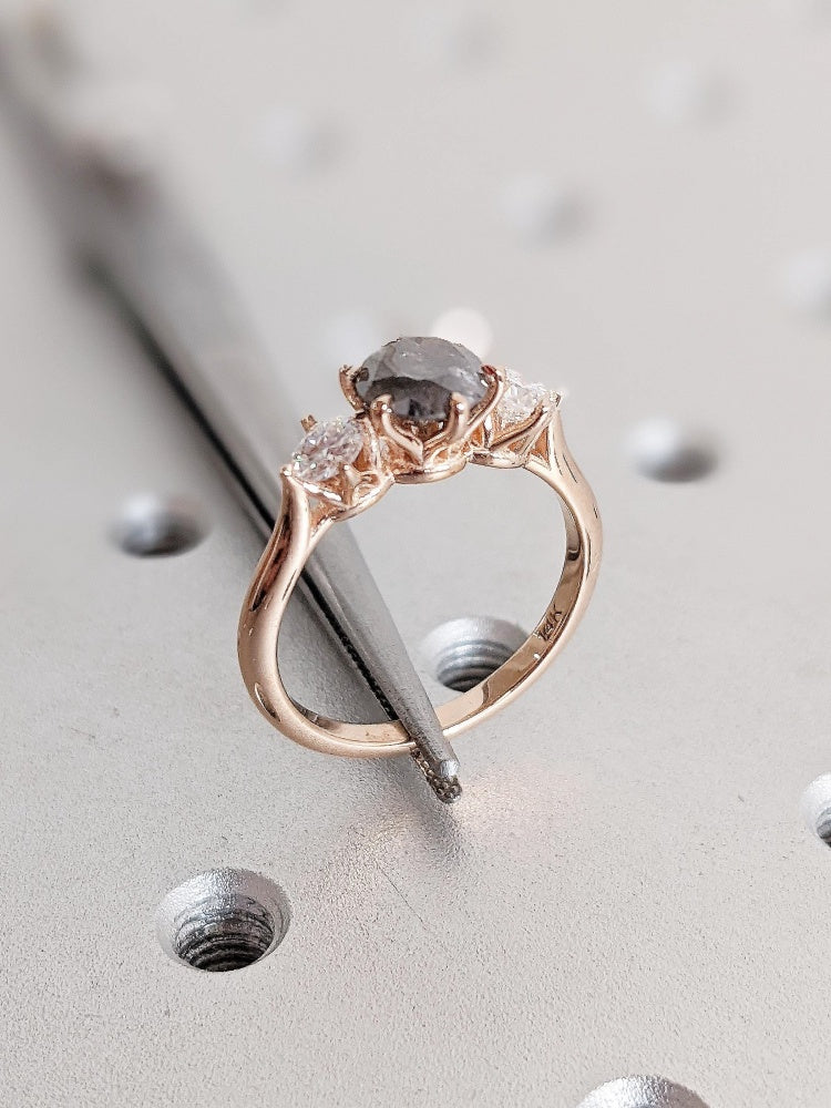 18k Gold Raw Salt and Pepper Diamond 1CT Round-Cut Rose Gold Polished Finished Three Stone Diamond Ring