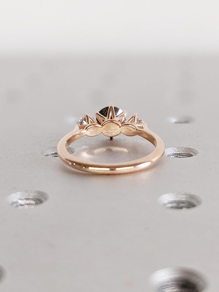 18k Gold Raw Salt and Pepper Diamond 1CT Round-Cut Rose Gold Polished Finished Three Stone Diamond Ring
