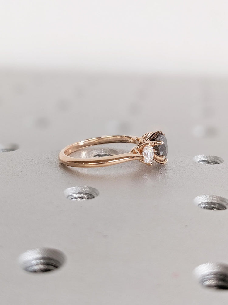 18k Gold Raw Salt and Pepper Diamond 1CT Round-Cut Rose Gold Polished Finished Three Stone Diamond Ring