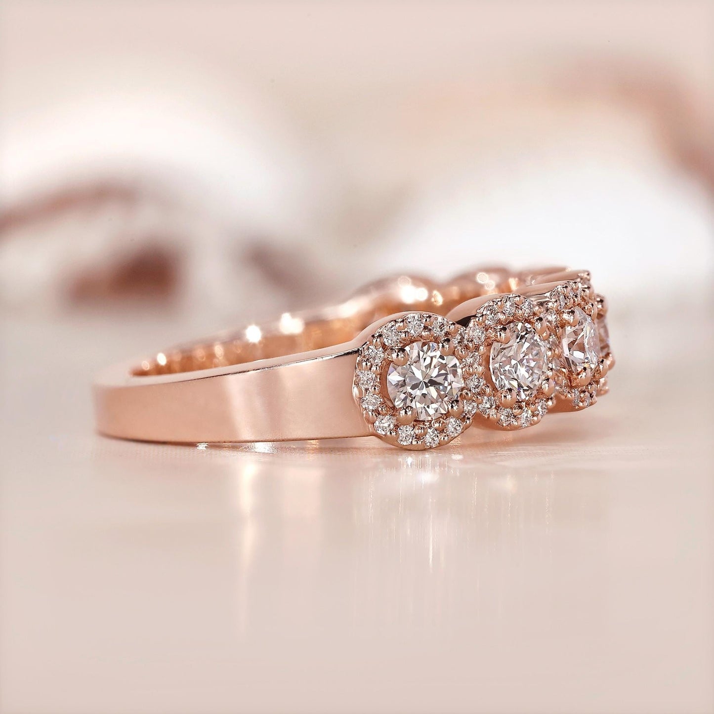 18k Gold Lab Grown Diamond CVD Round-Cut Seven Stone Halo Anniversary Ring