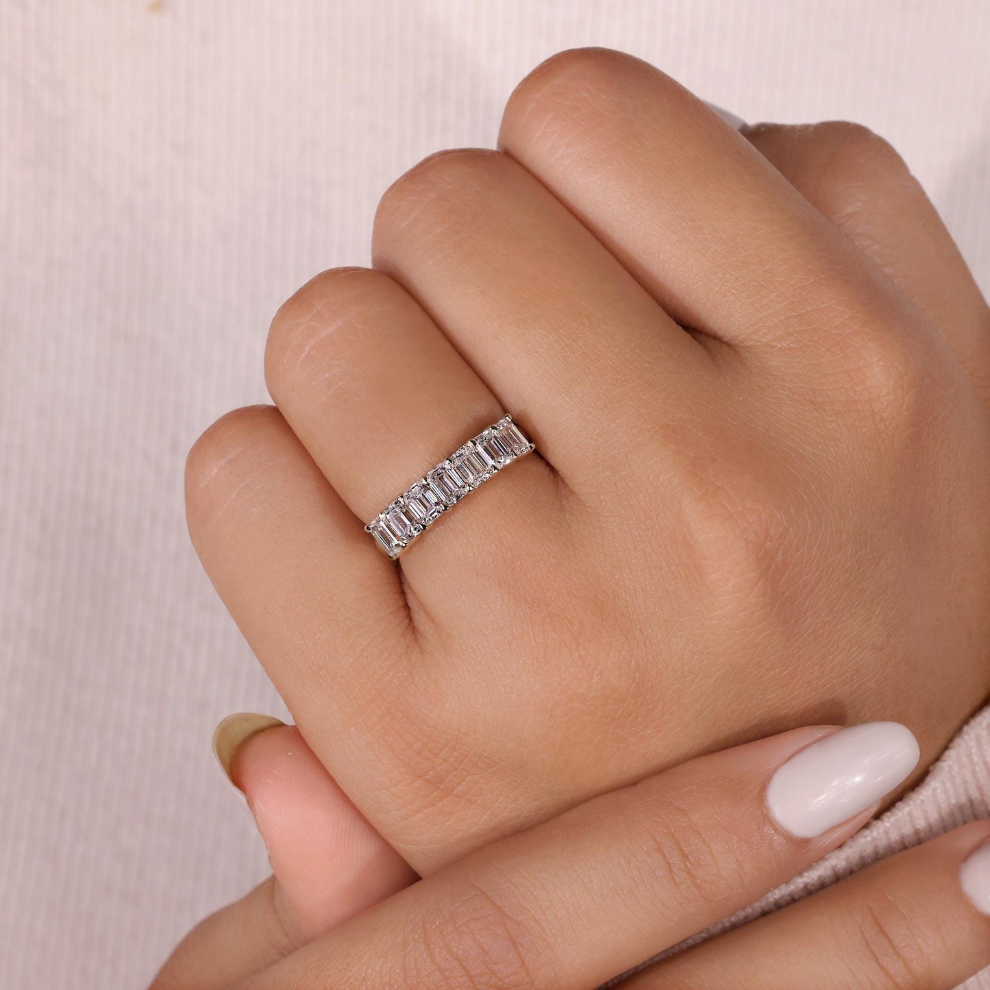 10K Gold Lab Grown Diamond CVD 3.5CT Emerald-Cut Seven Stone Classic Wedding Band
