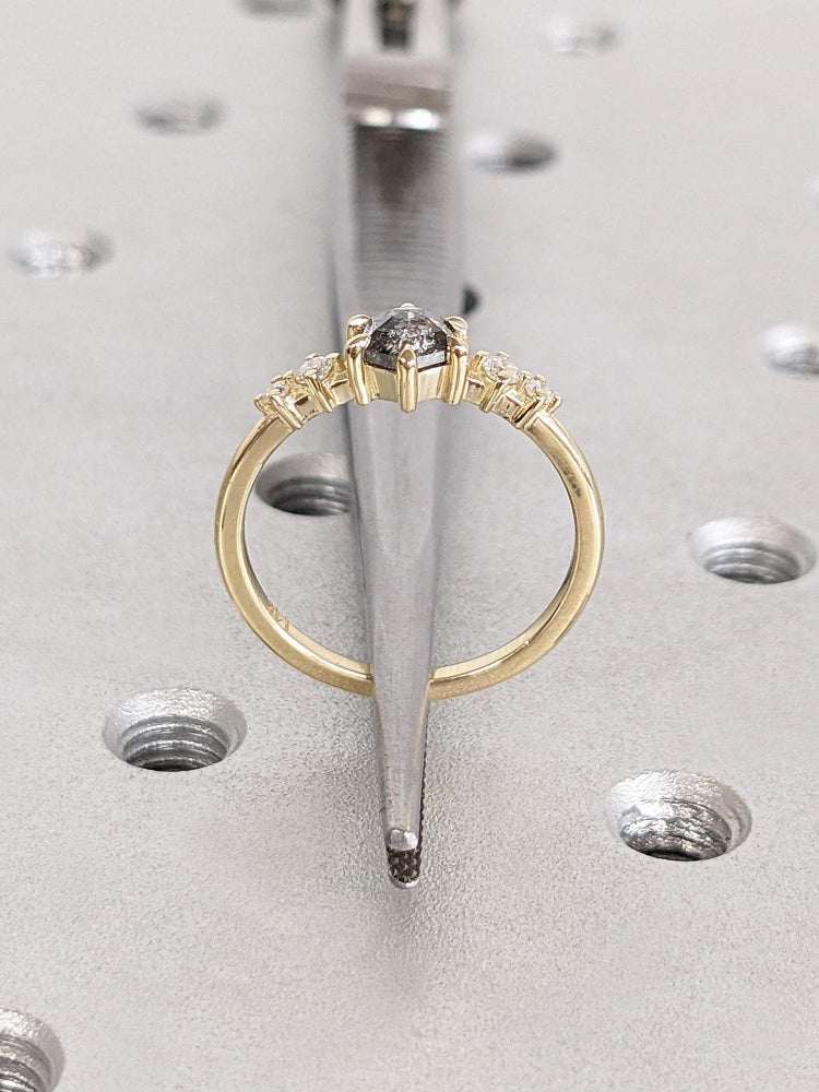 18k Gold Raw Salt and Pepper Diamond Vintage Hexagon Cut Diamond Ring
