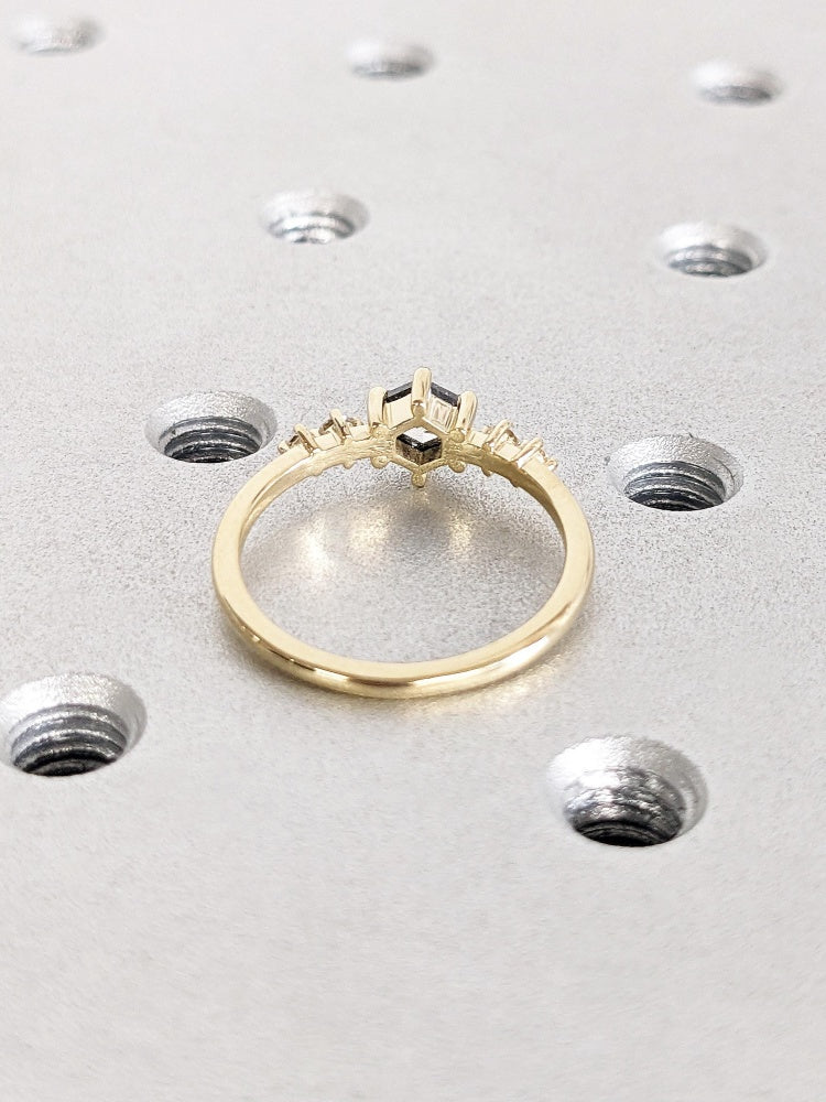 18k Gold Raw Salt and Pepper Diamond Vintage Hexagon Cut Diamond Ring