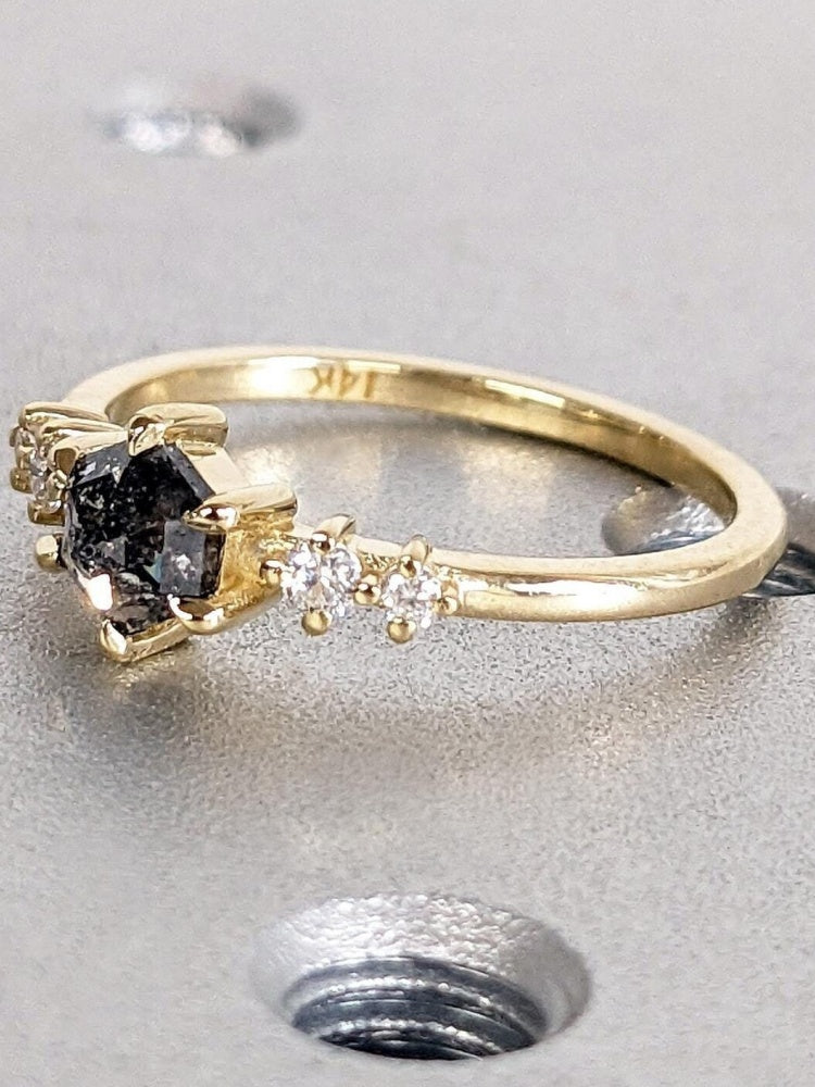 18k Gold Raw Salt and Pepper Diamond Vintage Hexagon Cut Diamond Ring
