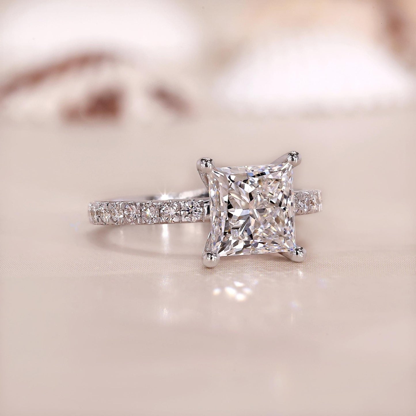 10K Gold Lab Grown Diamond CVD 2CT Princess-Cut Pave Wedding Band Classic Ring