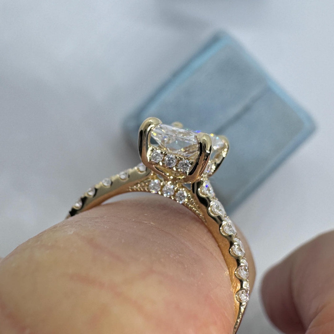 18K Gold Lab Grown Diamond CVD 2CT Radiant-Cut Hidden Halo Four Prong Promise Ring