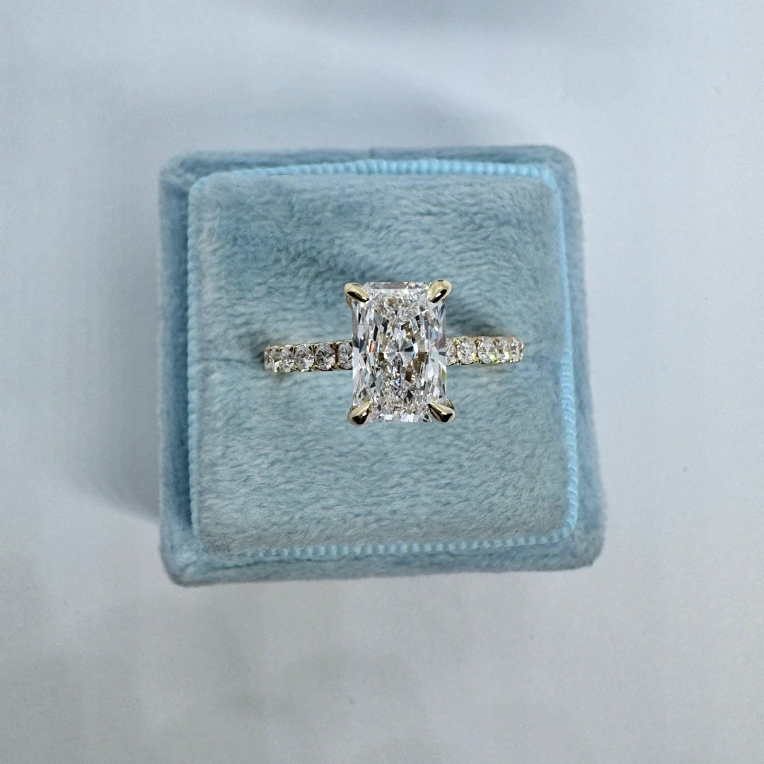 18K Gold Lab Grown Diamond CVD 2CT Radiant-Cut Hidden Halo Four Prong Promise Ring