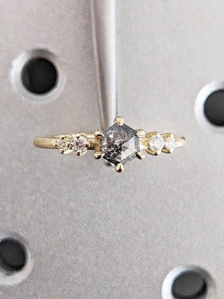 18k Gold Raw Salt and Pepper Diamond Vintage Hexagon Cut Diamond Ring