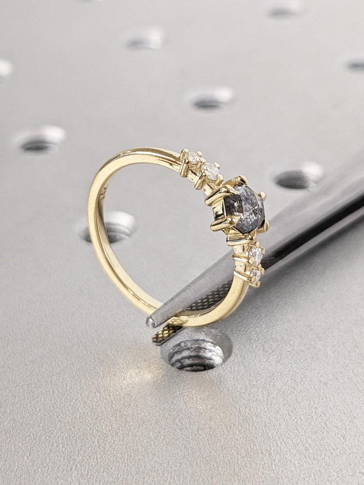 18k Gold Raw Salt and Pepper Diamond Vintage Hexagon Cut Diamond Ring