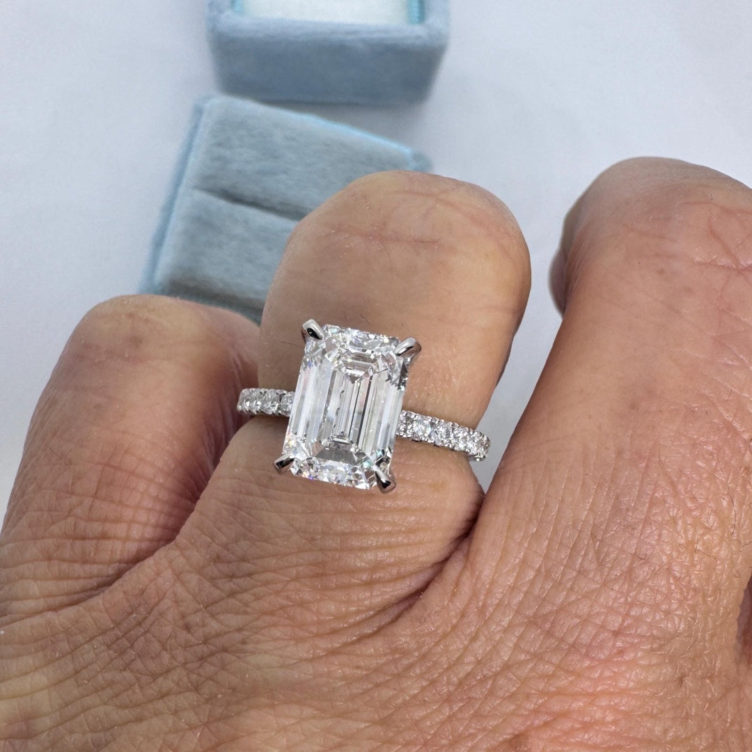 14K Gold Lab Grown Diamond CVD 3CT Emerald-Cut Four Prong Half Eternity Classic Ring