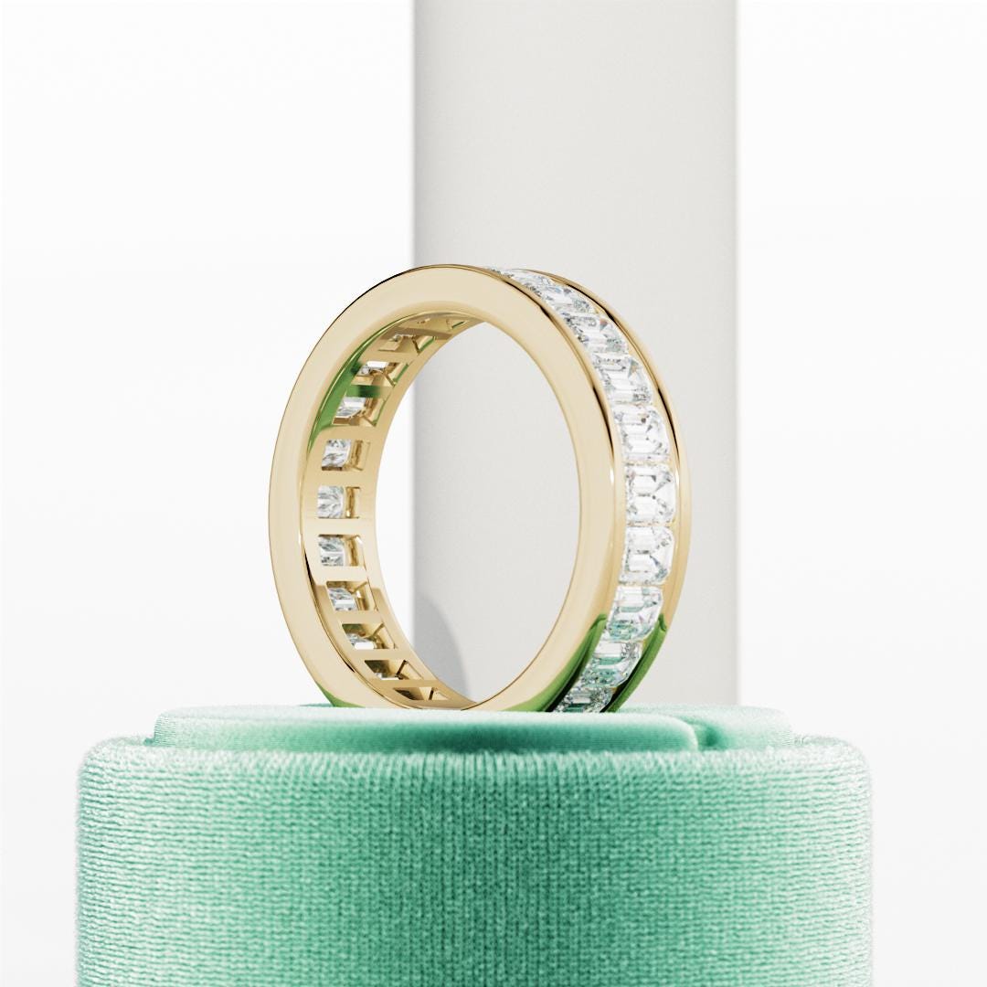 10K Gold Lab Grown Diamond CVD 3CT Emerald-Cut Channel Set Unique Wedding Band