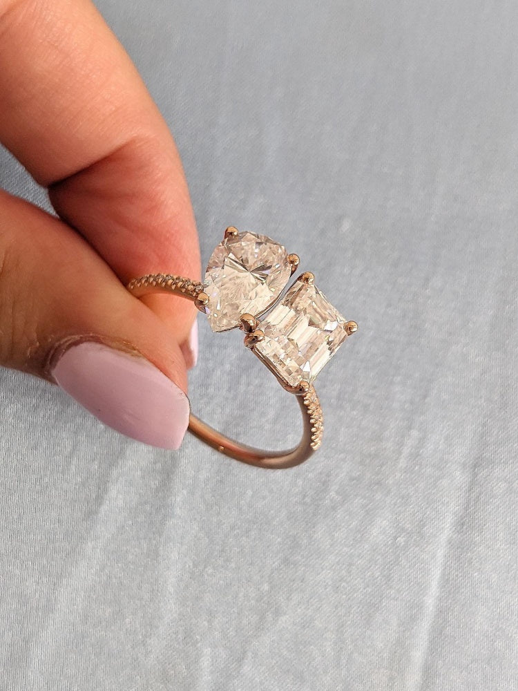 18k Gold Lab Grown Diamond CVD 2.5ct Ech Emerald & Pear Cut Vintage Toi Et Moi Rose Gold Engagement Ring