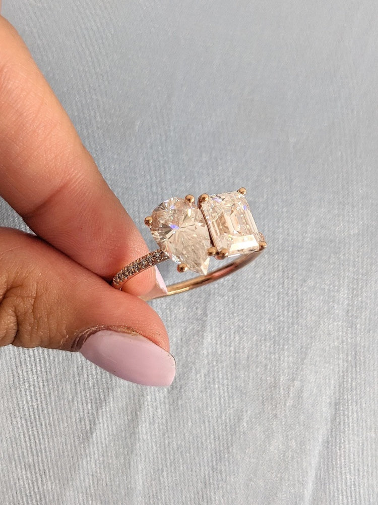 18k Gold Lab Grown Diamond CVD 2.5ct Ech Emerald & Pear Cut Vintage Toi Et Moi Rose Gold Engagement Ring