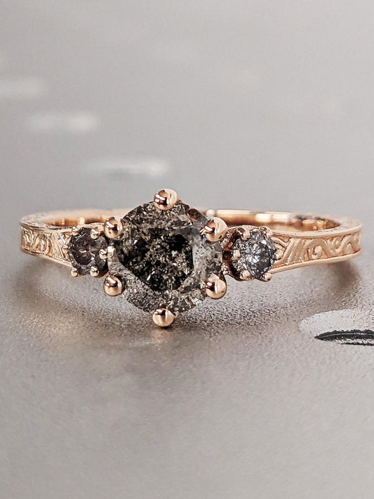 18k Gold Raw Salt and Pepper Diamond 1CT Round-Cut Multi Stone Galaxy Diamond Ring