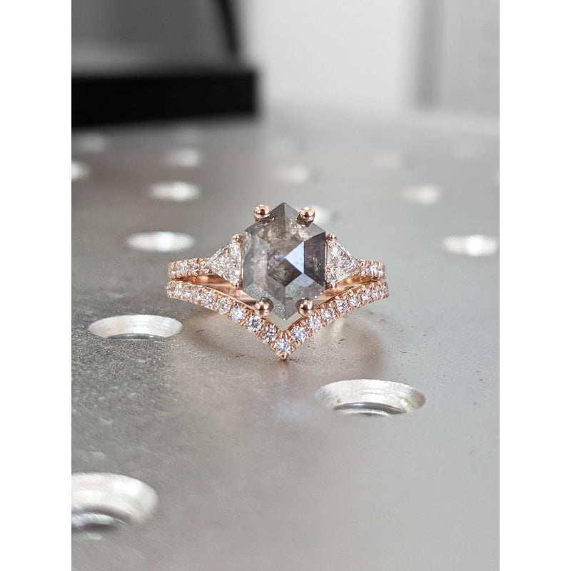 18k Gold Natural Salt Stone Chevron Matching Stacking Ring