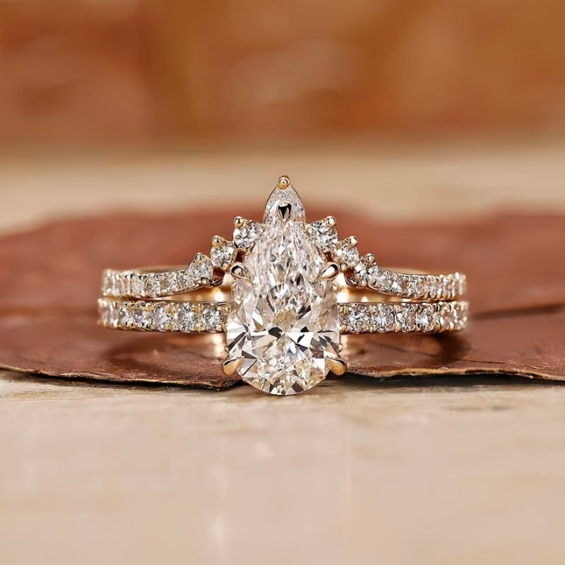 14K Gold Lab Grown Diamond CVD 2CT Pear-Cut Vintage Royal Style Engagement Ring Set