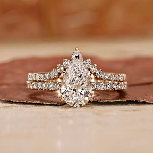 14K Gold Lab Grown Diamond CVD 2CT Pear-Cut Vintage Royal Style Engagement Ring Set