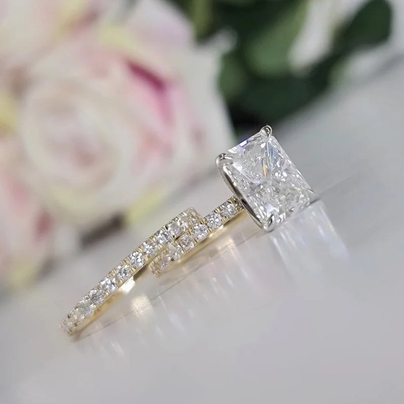 14K Gold Lab Grown Diamond CVD 2CT Princess-Cut Two Tone Engagement Ring Set