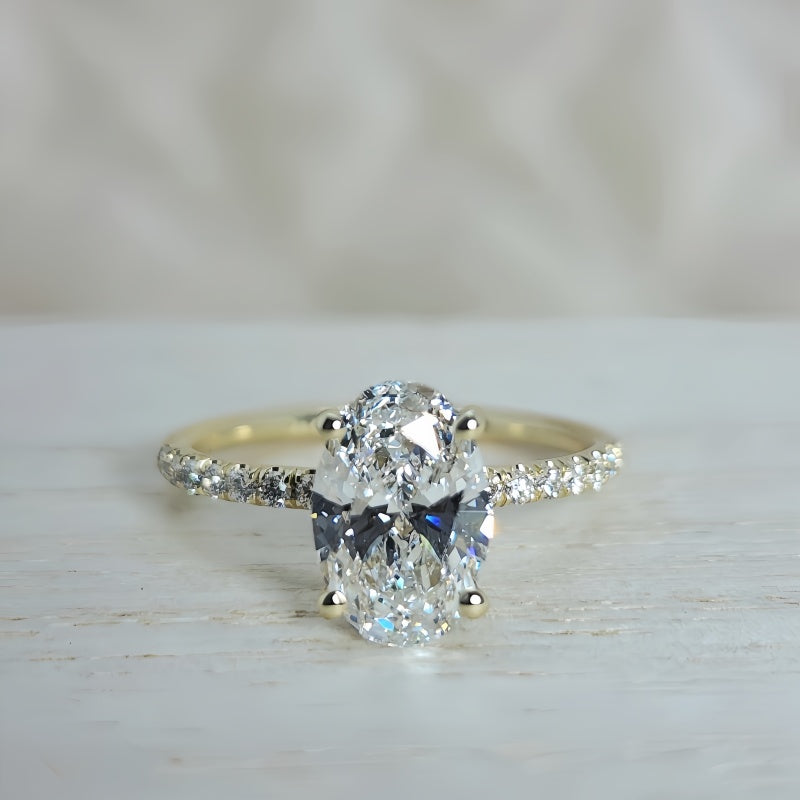 14K Gold Lab Grown Diamond CVD 2CT Oval-Cut Hidden Halo Engagement Ring For Daily Wear