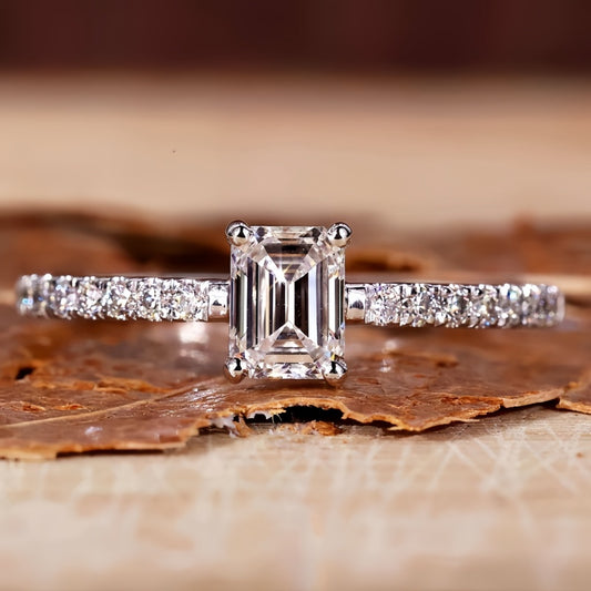 10K Gold Lab Grown Diamond CVD 1CT Emerald-Cut Half Eternity Engagement Ring