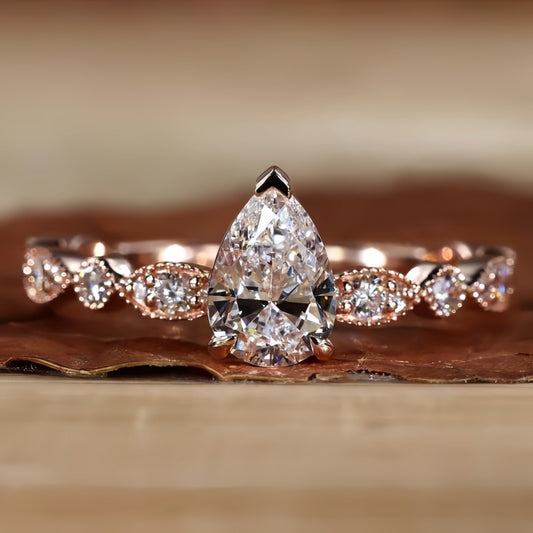 10K Gold Lab Grown Diamond CVD 1.5CT Pear-Cut Anniversary Ring Gift for Her