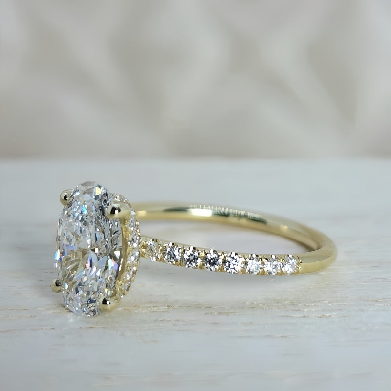 14K Gold Lab Grown Diamond CVD 2CT Oval-Cut Hidden Halo Engagement Ring For Daily Wear