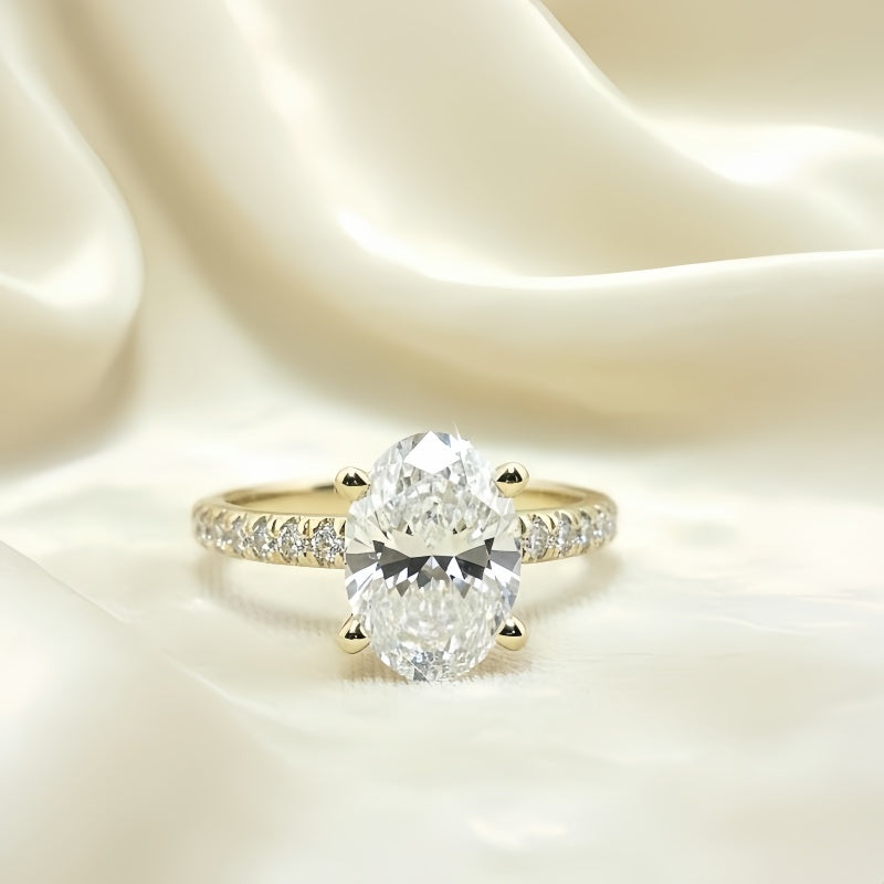 14K Gold Lab Grown Diamond CVD 2CT Oval-Cut Hidden Halo Engagement Ring For Daily Wear