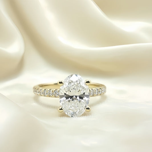 14K Gold Lab Grown Diamond CVD 2CT Oval-Cut Hidden Halo Engagement Ring For Daily Wear