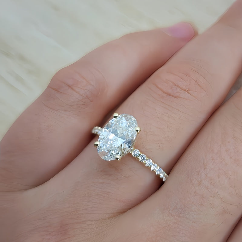 14K Gold Lab Grown Diamond CVD 2CT Oval-Cut Hidden Halo Engagement Ring For Daily Wear