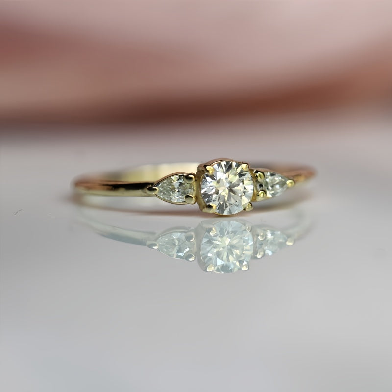 10K Gold Lab Grown Diamond CVD Round-Cut Three Stone Side Pear Low Profile Ring For Gift