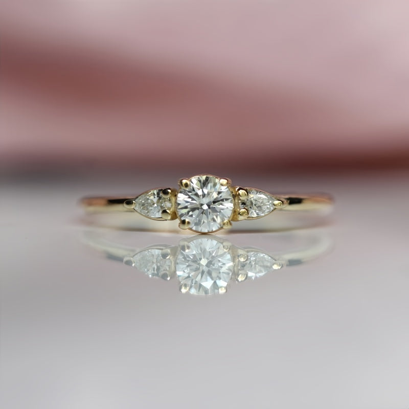 10K Gold Lab Grown Diamond CVD Round-Cut Three Stone Side Pear Low Profile Ring For Gift