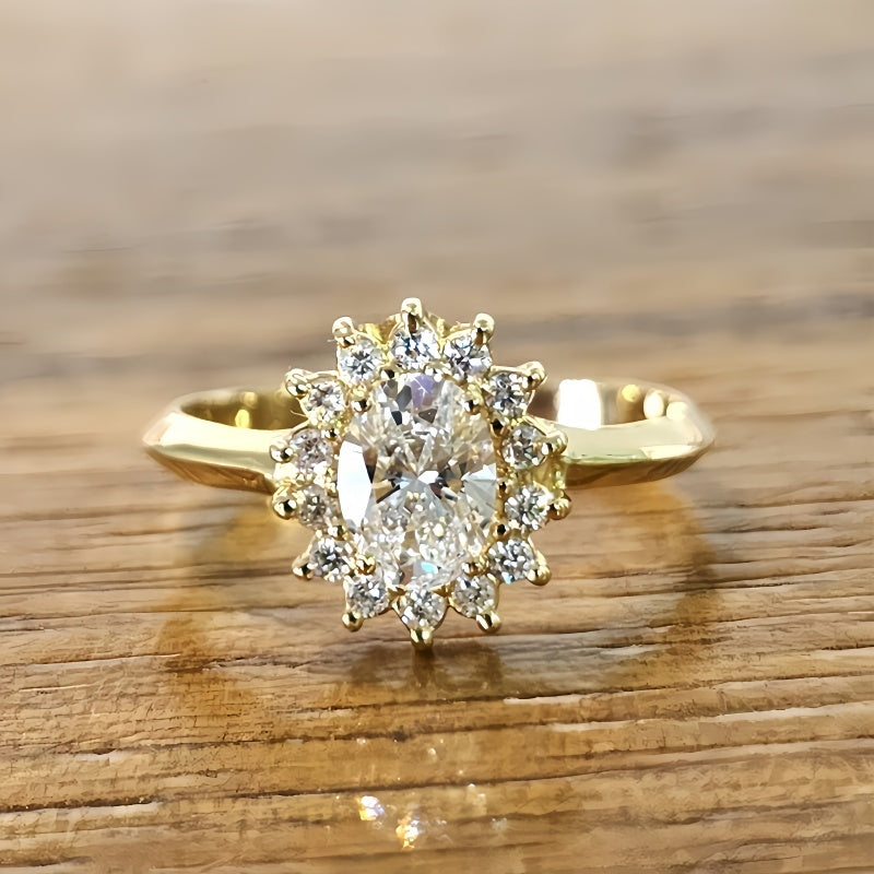 14K Gold Lab Grown Diamond CVD 2CT Oval-Cut Sunflower Anniversary Ring For Gift