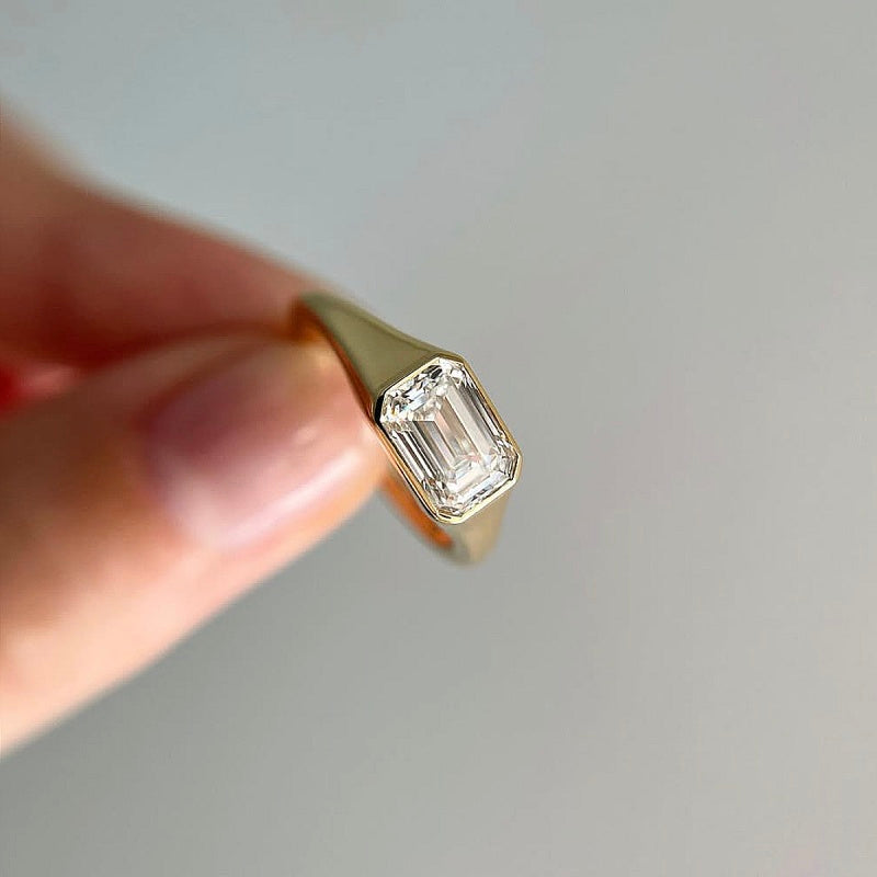18k Gold Lab Grown Diamond CVD 2CT Emerald-Cut Bezel Set Classic Ring