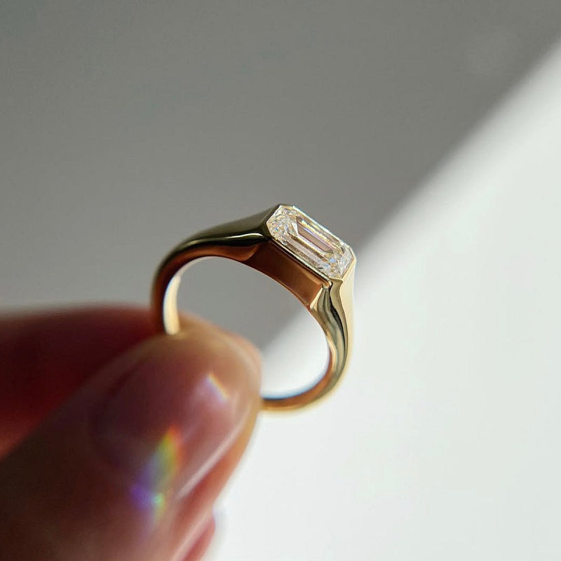 18k Gold Lab Grown Diamond CVD 2CT Emerald-Cut Bezel Set Classic Ring
