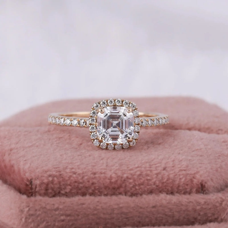 10K Gold Lab Grown Diamond CVD 1.5CT Asscher-Cut Halo Pave Engagement Ring