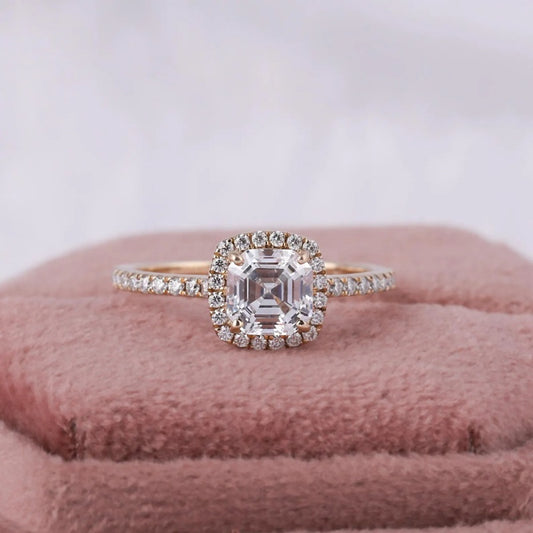 10K Gold Lab Grown Diamond CVD 1.5CT Asscher-Cut Halo Pave Engagement Ring
