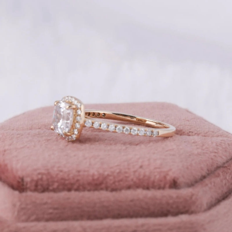 10K Gold Lab Grown Diamond CVD 1.5CT Asscher-Cut Halo Pave Engagement Ring