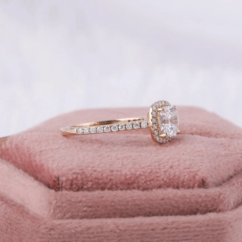 10K Gold Lab Grown Diamond CVD 1.5CT Asscher-Cut Halo Pave Engagement Ring
